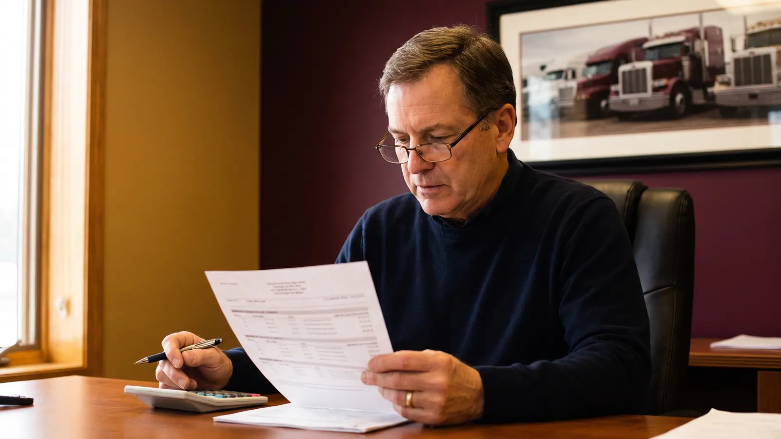 Self-insured trucking companies: what it really means Fleet owner reviewing a trucking insurance policy at his desk