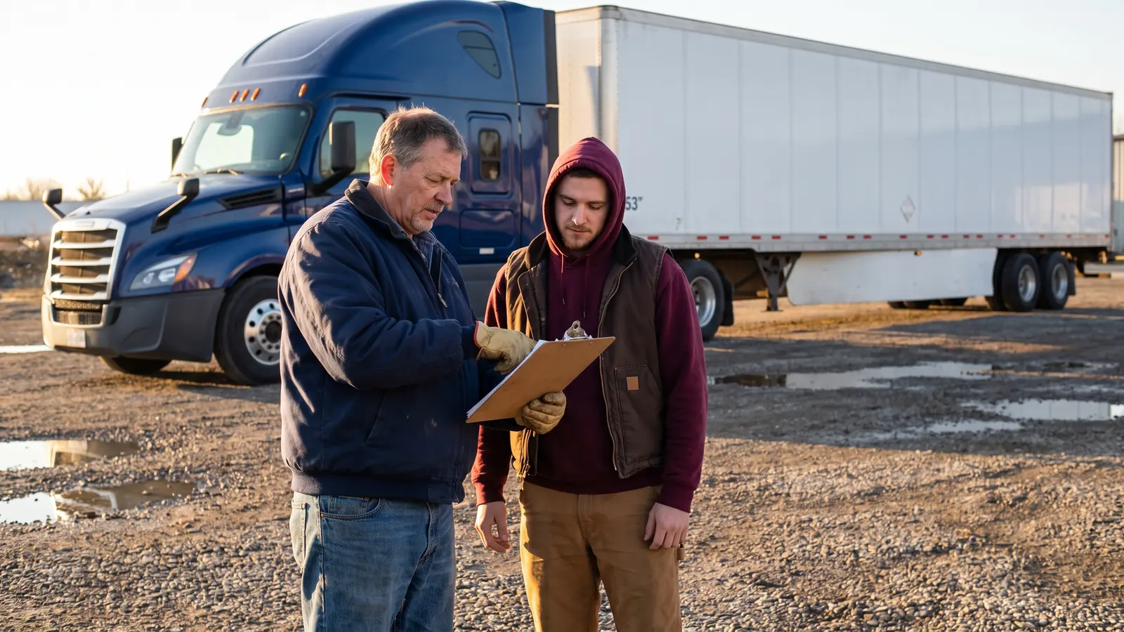 How carriers stop freight fraud Trucking company owner and driver going over a pre-load checklist beside their truck