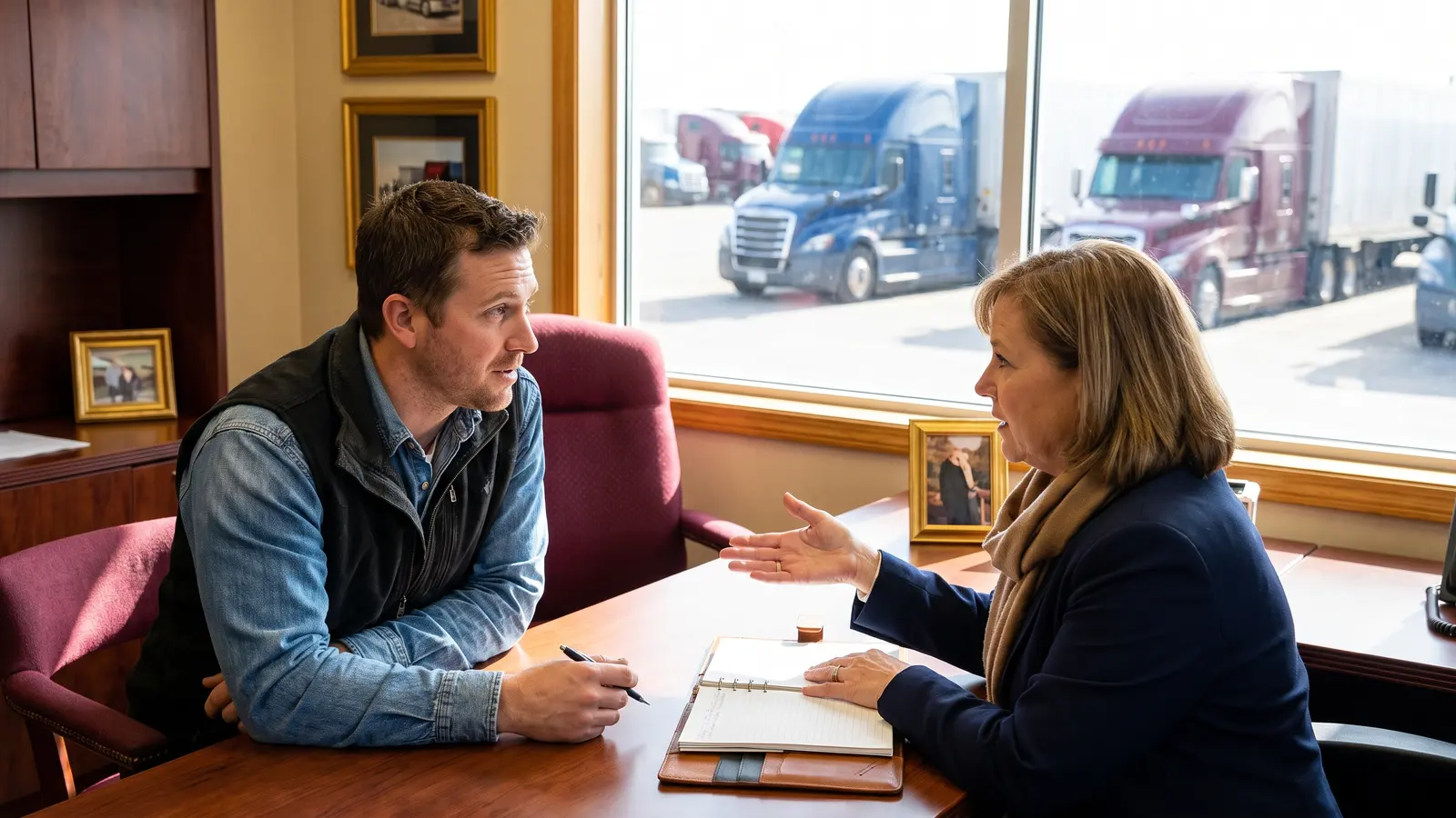 Trucking company owner asking a logistics advisor questions across her desk