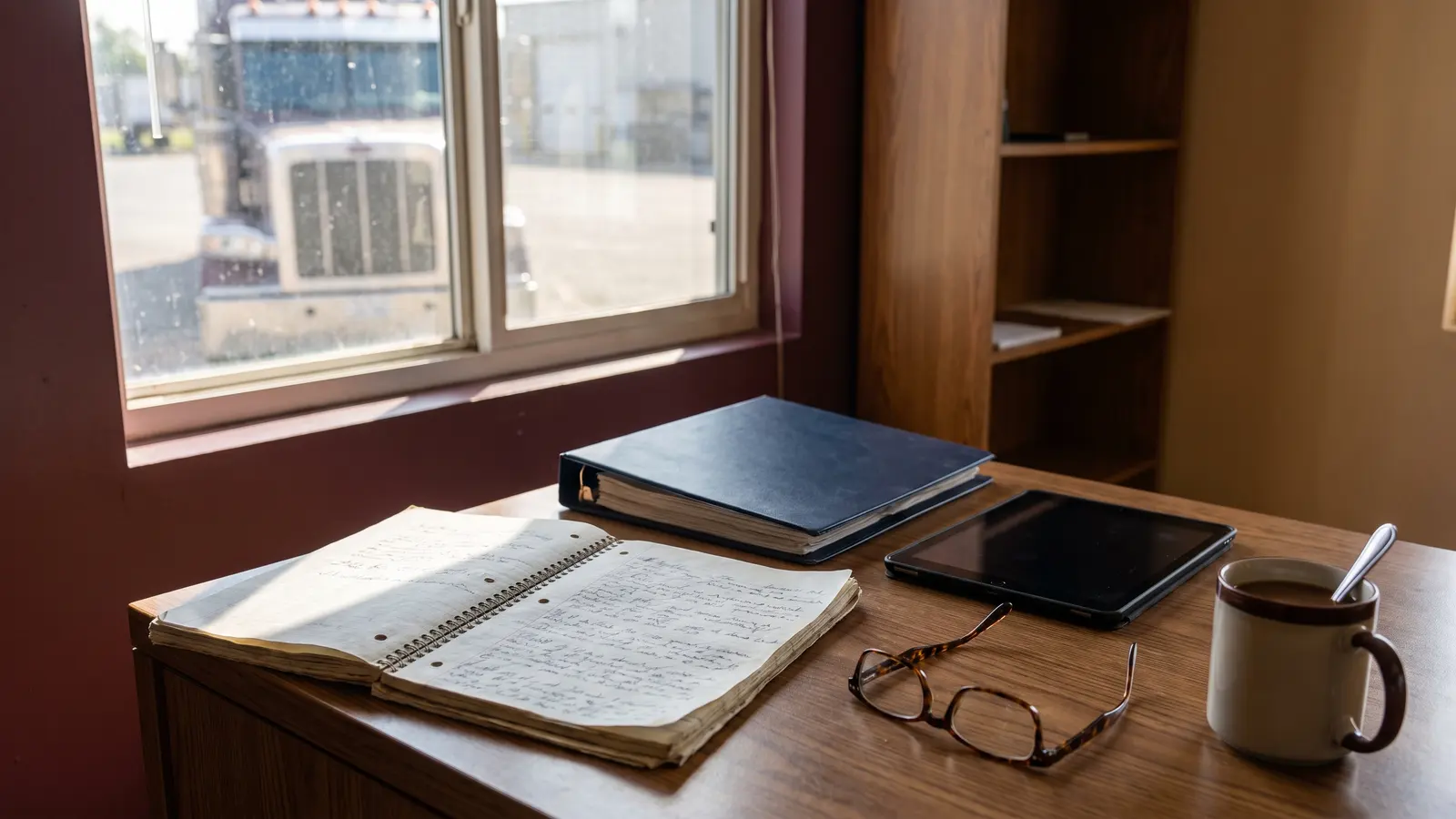 Free resources for trucking companies Trucking office desk with notebook, binders and coffee, a semi truck visible through the window