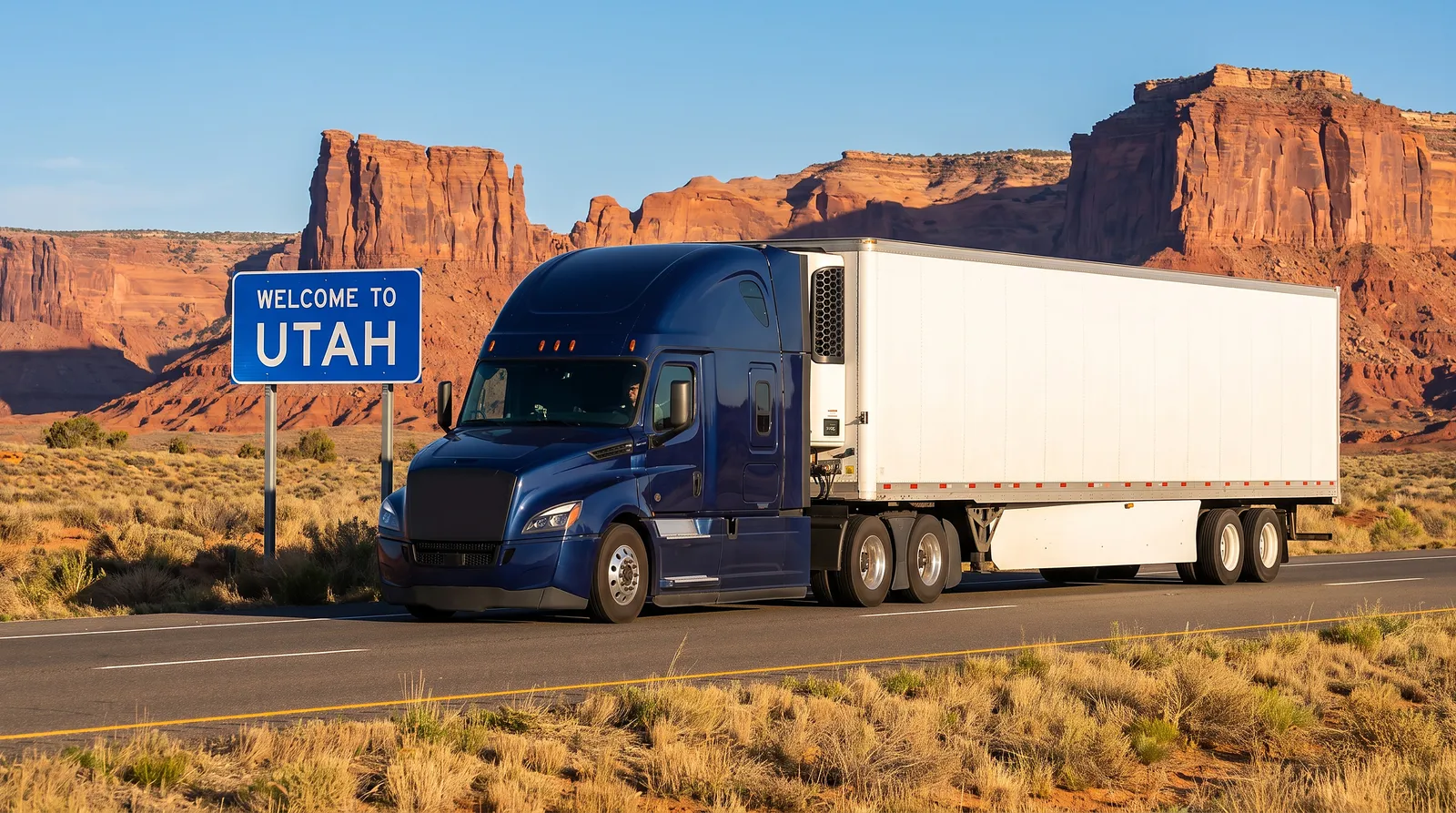 Semi truck transport in Utah Semi truck passing the Welcome to Utah sign, semi truck transport in Utah