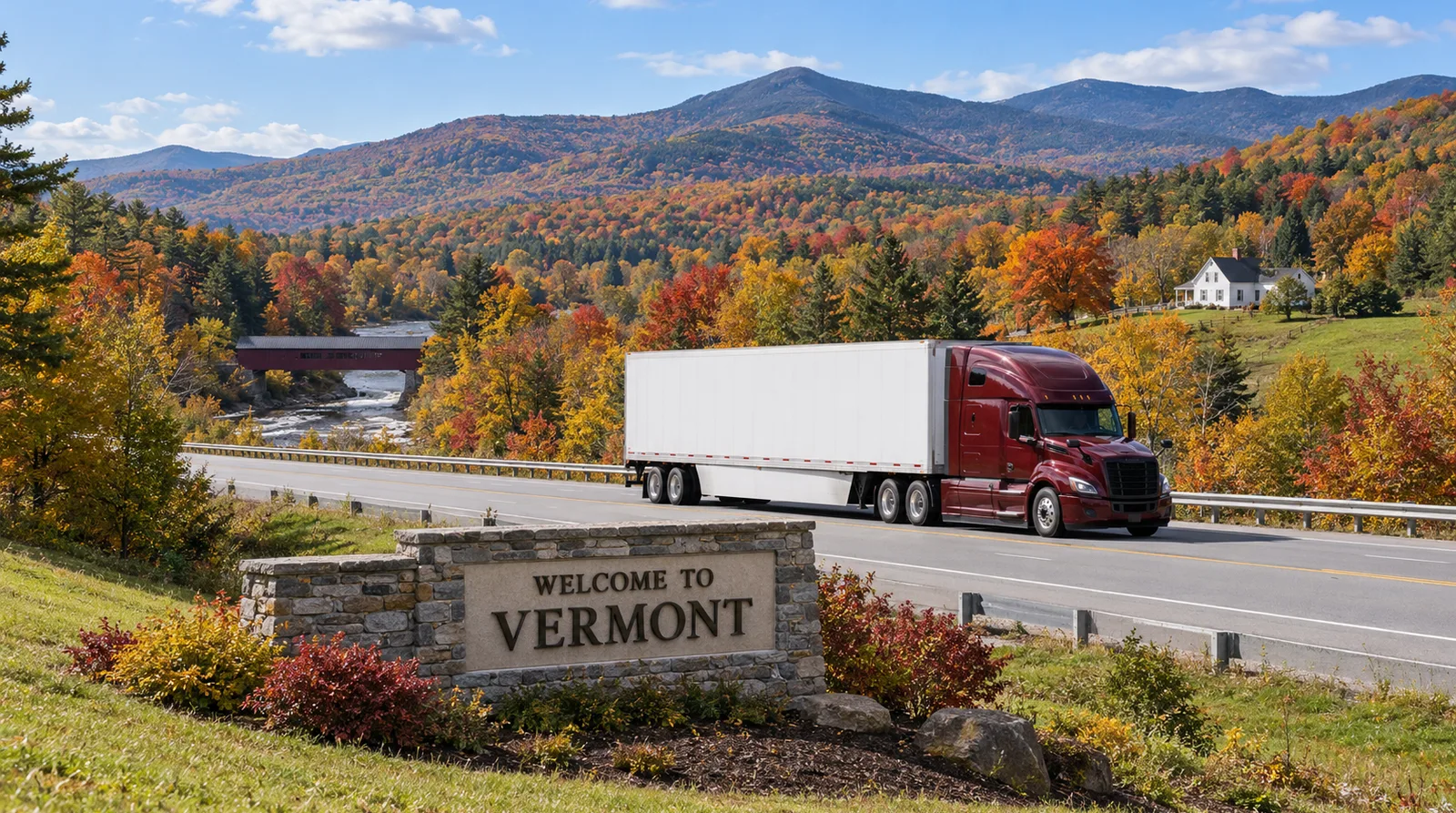 Semi truck transport in Vermont Semi truck passing the Welcome to Vermont sign, semi truck transport in Vermont