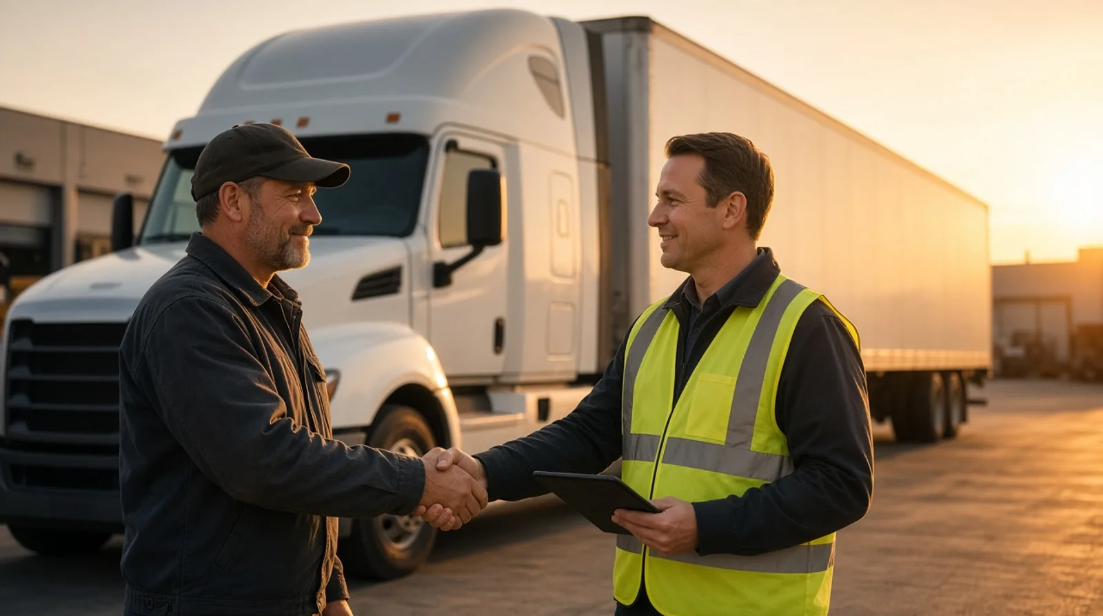A vetted carrier on the load Truck driver and logistics manager with a tablet shaking hands in front of a white semi truck