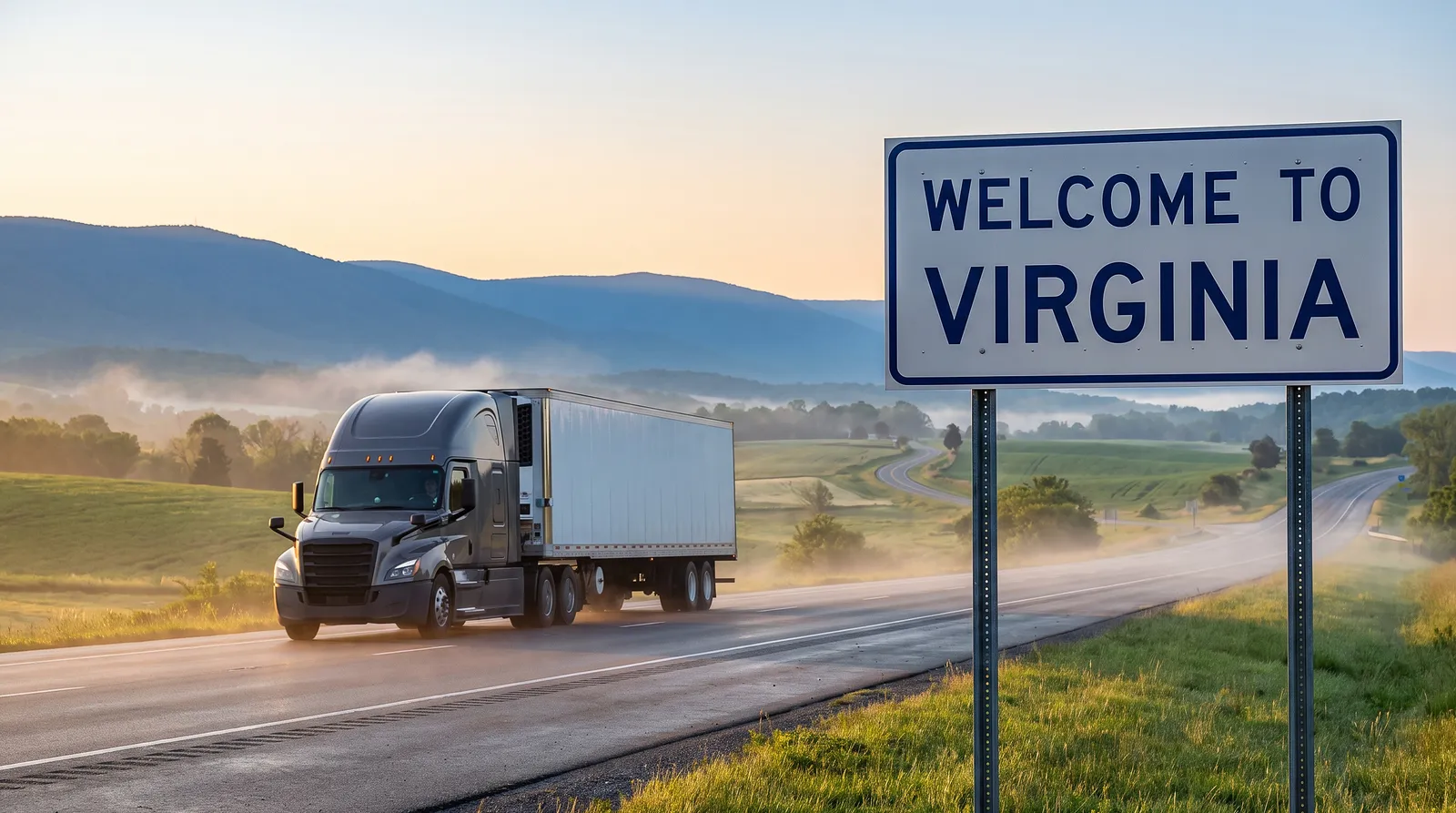 Semi truck with a 53-foot trailer passing the Welcome to Virginia sign on the highway