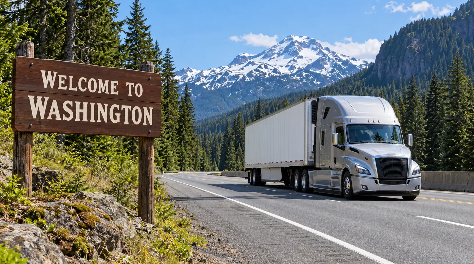 Semi truck transport in Washington Semi truck passing the Welcome to Washington sign, semi truck transport in Washington