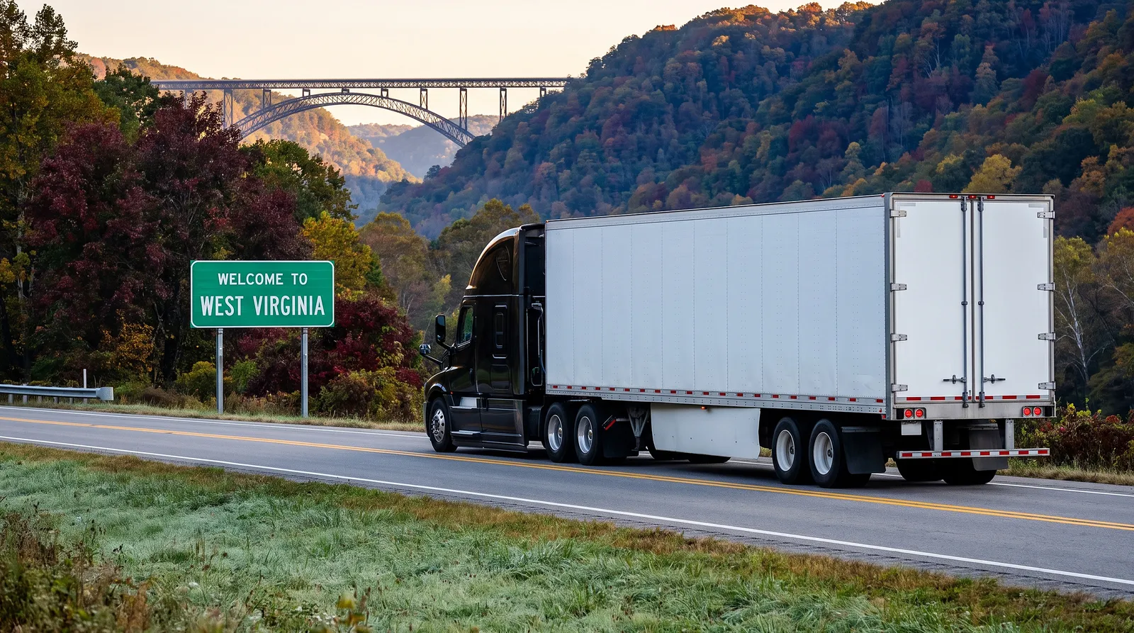 CDL-A truck driver jobs in West Virginia Semi truck with a 53-foot trailer passing the Welcome to West Virginia sign on the highway