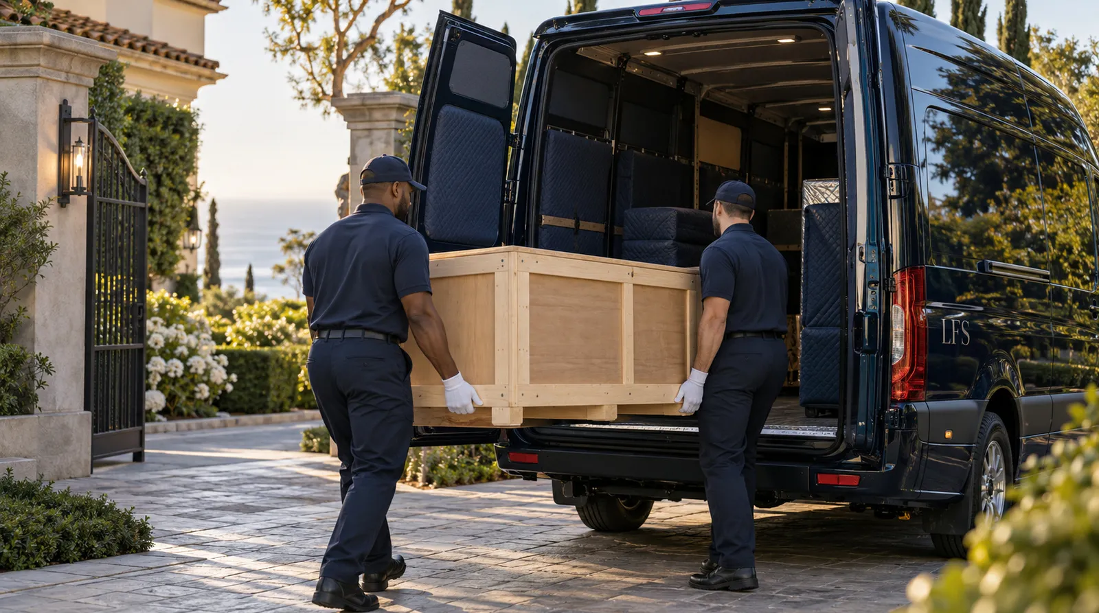 White-gloved crew carrying a wooden crate from a gated estate into an LFS cargo van