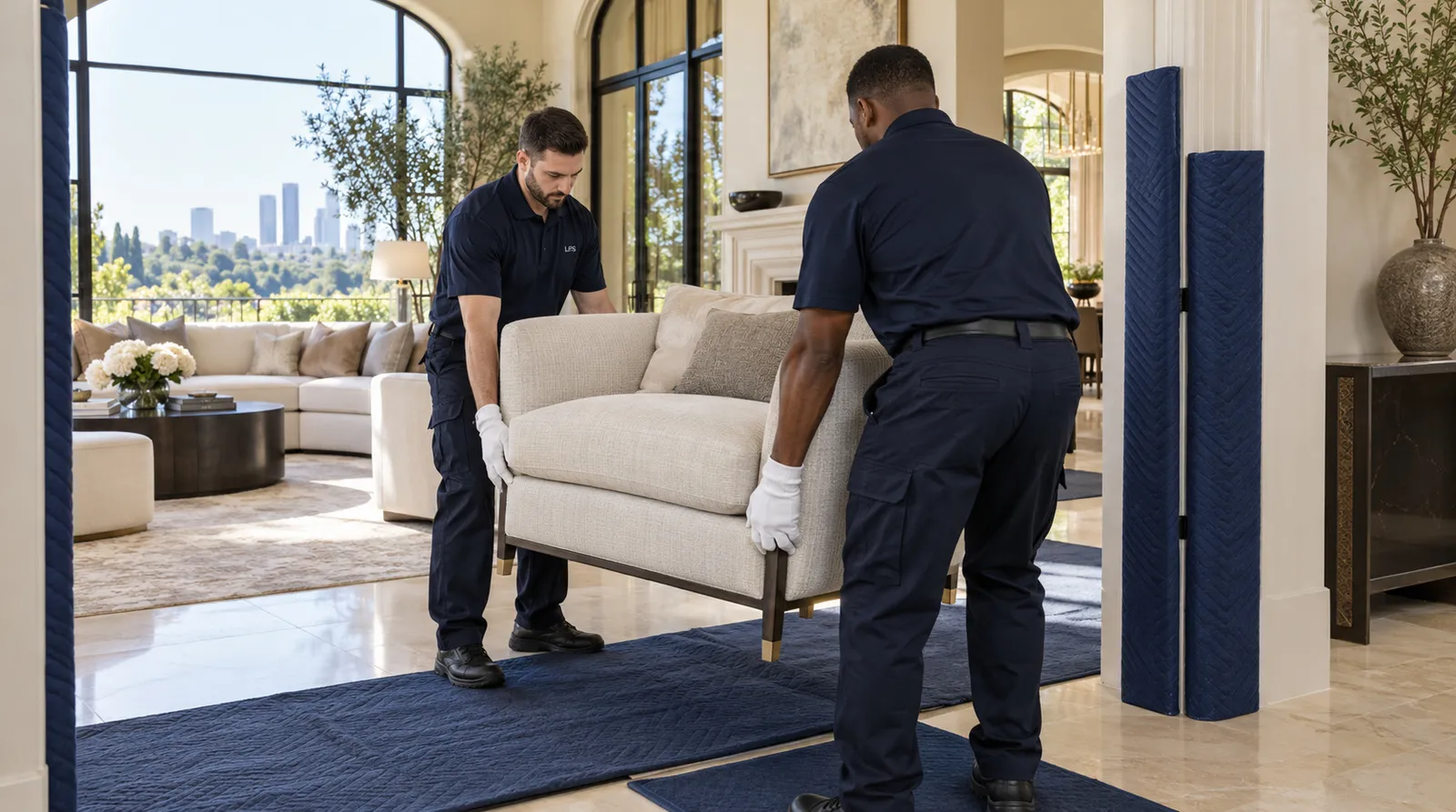 White-glove crew placing designer furniture on floor runners in a Beverly Hills living room