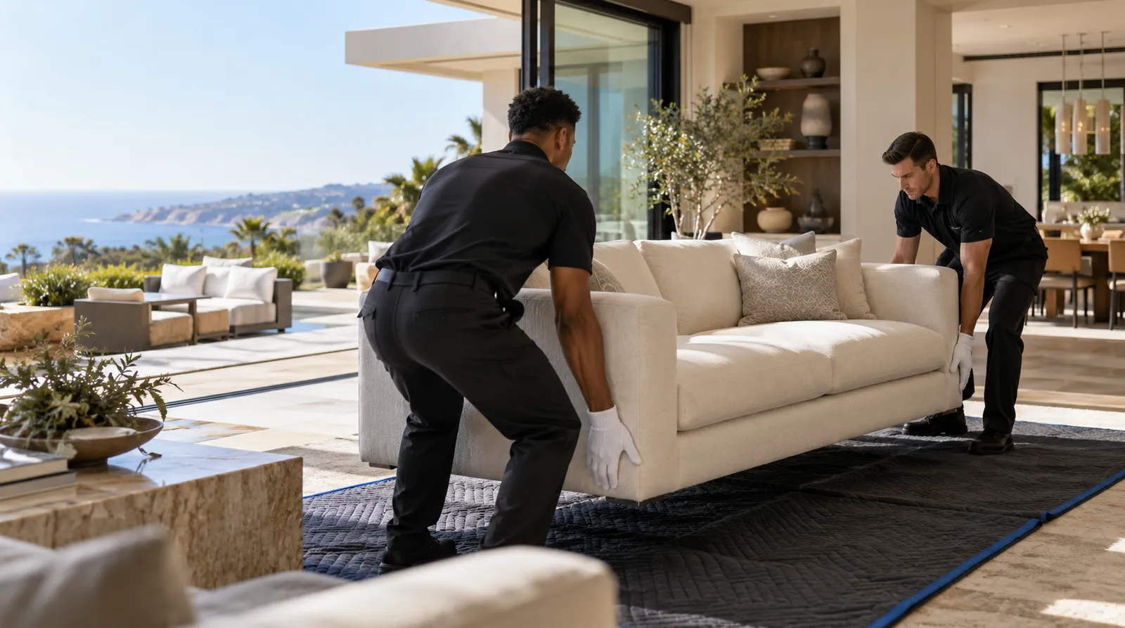 Placing furniture in a San Diego living room White-glove crew placing furniture in a bright San Diego living room