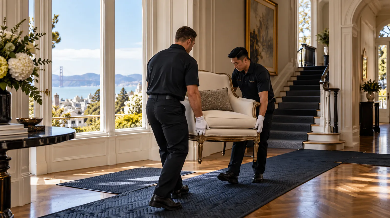 White-glove move in a San Francisco home White-glove move with floor runners inside a classic San Francisco home