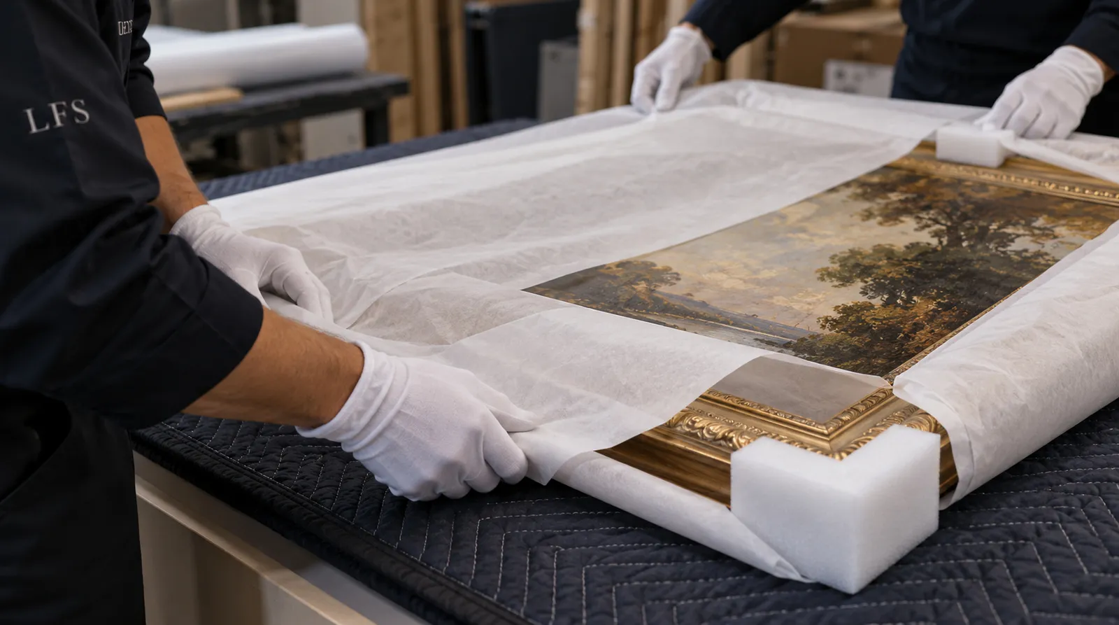 Wrapping a framed painting before a move White-gloved hands wrapping a framed painting with archival paper and foam corner pads