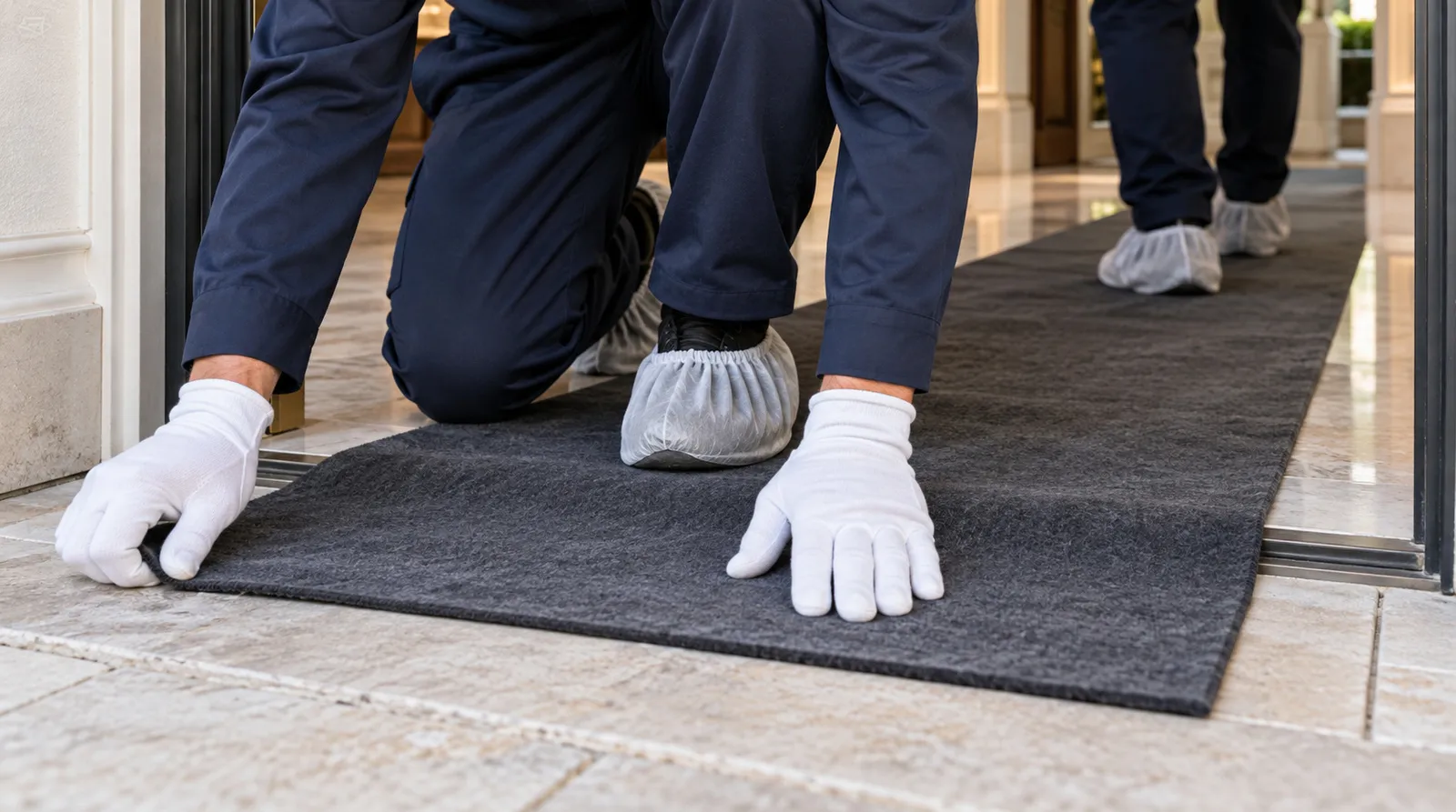 Gloves, shoe covers and floor runners White gloves, shoe covers and floor runners at a doorway threshold
