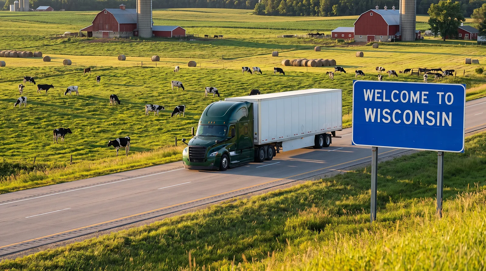 Semi truck with a 53-foot trailer passing the Welcome to Wisconsin sign on the highway