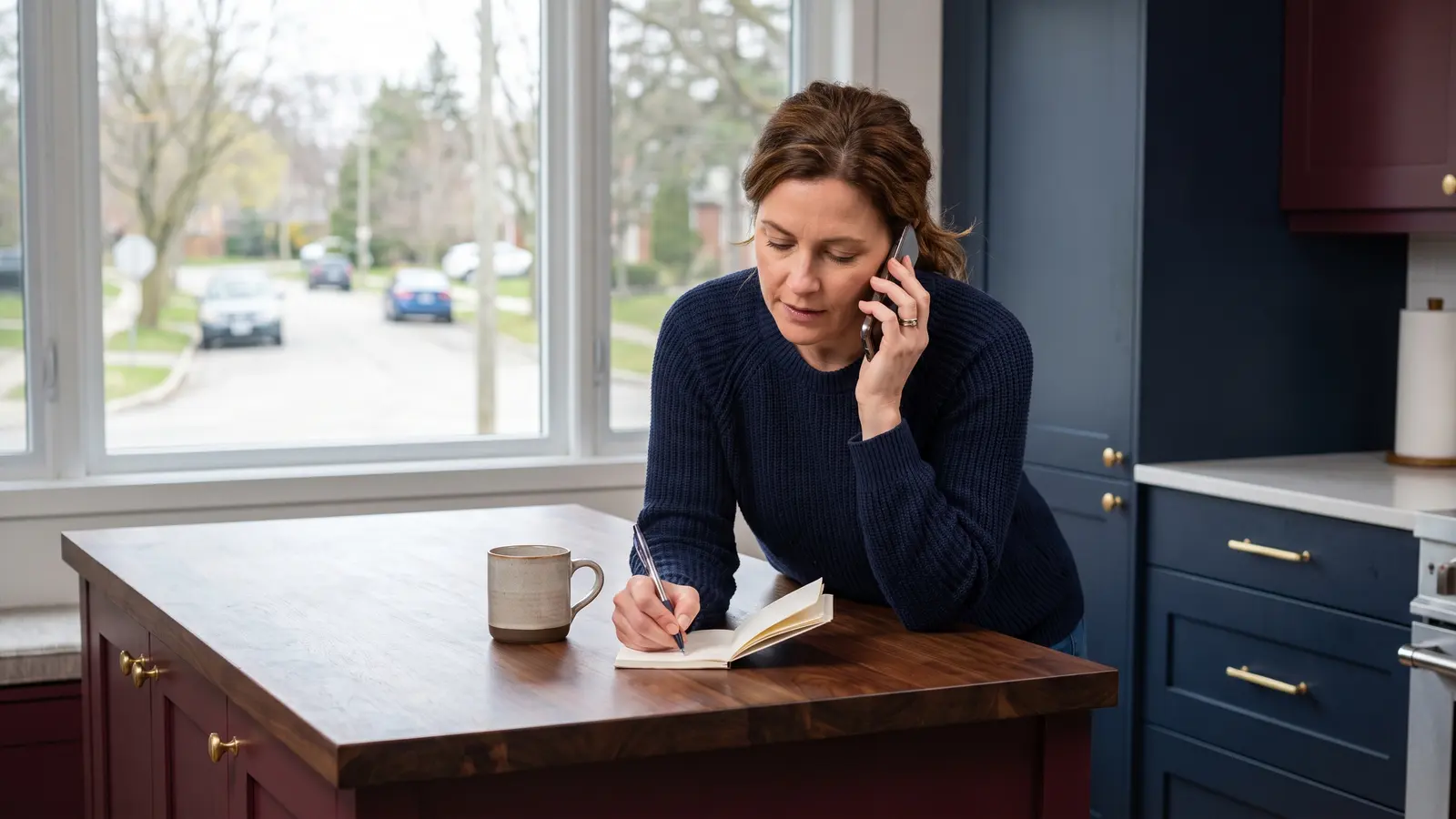 Talk with LFS about managed truck ownership Woman on a phone call at her kitchen island taking notes during a first conversation