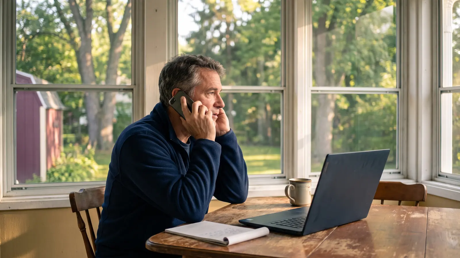 Freight agent on a phone call working from a sunny enclosed back-porch home office