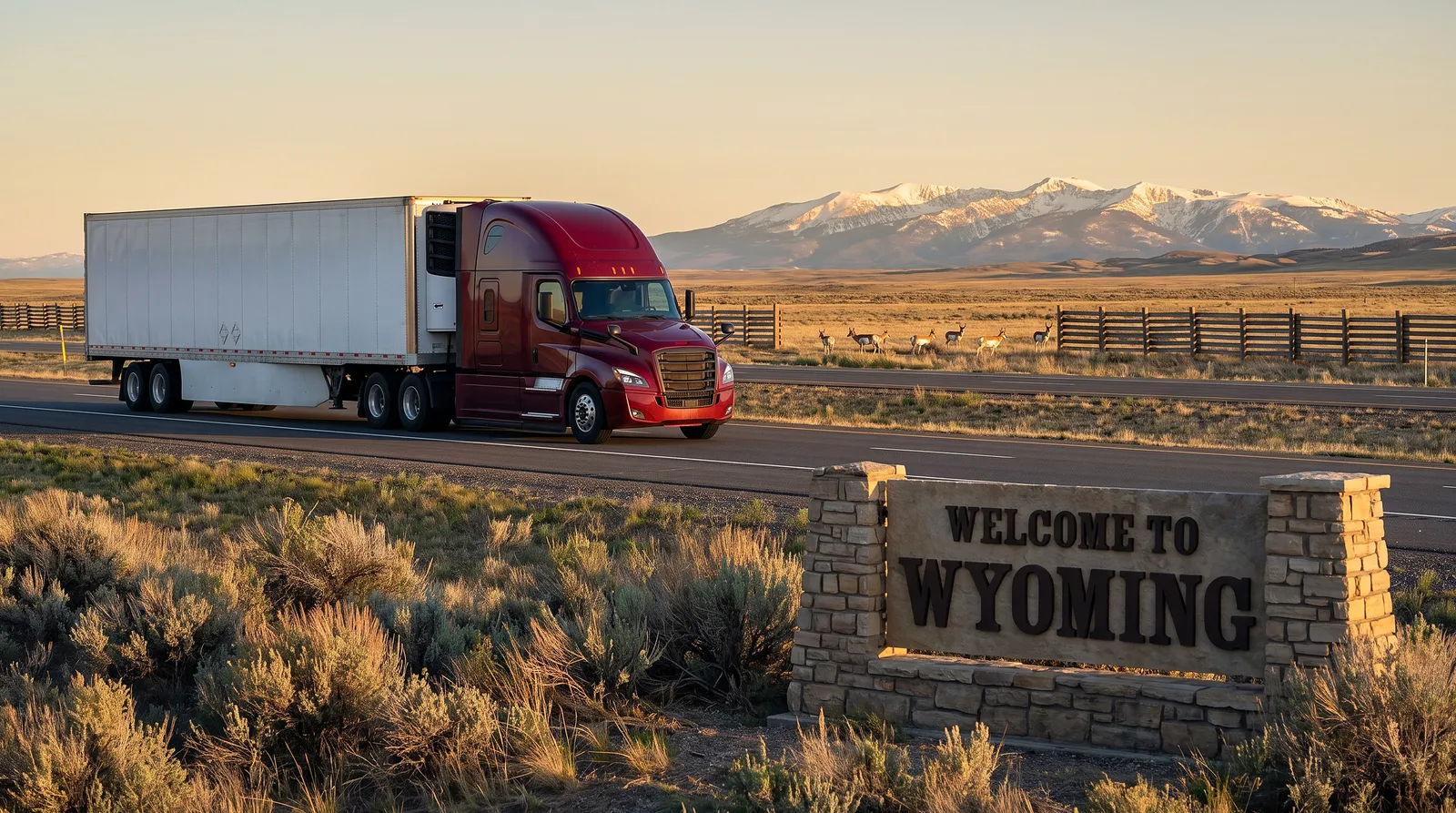 CDL-A truck driver jobs in Wyoming Semi truck with a 53-foot trailer passing the Welcome to Wyoming sign on the highway